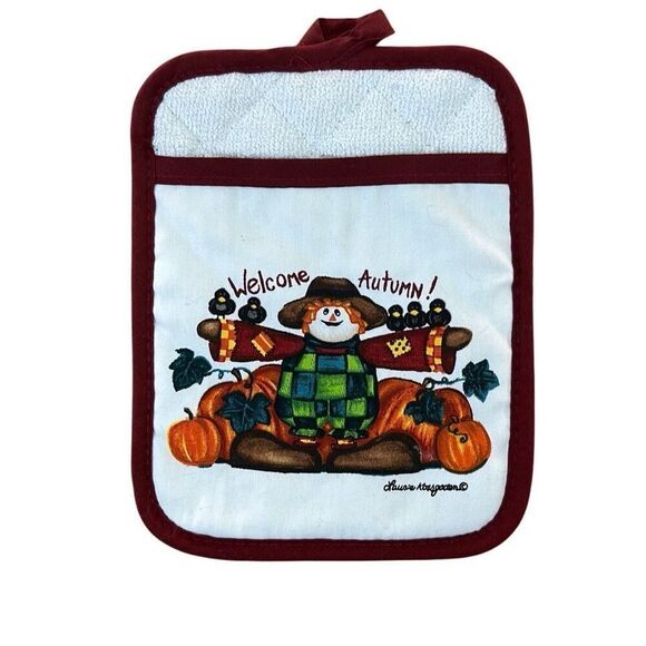 Laurie Korsgaden Fall Autumnal Scarecrow and Pumpkins Oven Mitt Vintage 90s NWOT - Picture 1 of 4
